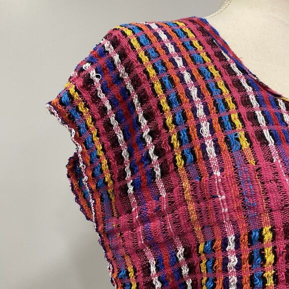 Handmade S Pink Multicolor Striped Mexican Mayan Huilpil Pullover Top 19x19in - Picture 3 of 12